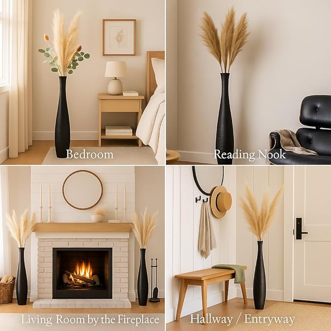 Leewadee Large Black Home Decor Floor Vase - Wooden 26 inch Tall Farmhouse Decor Flower Holder for Fake Plant and Pampas Grass