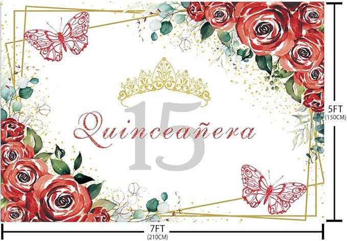SENDY 7x5ft Quinceañera Backdrop Mis Quince 15 Anos Birthday Party Decorations Supplies for Girl Princess Red Floral Flowers Butterfly Gold Crown Photography Background Banner Photo Booth Studio Props