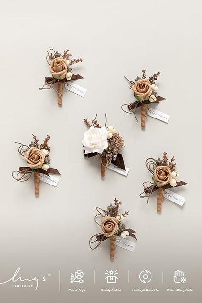 Ling's moment Boutonniere for Men, 6pcs Groom Groomsmen Boutonniere, Artificial Flowers for Wedding Decor/Prom/Homecoming, etc.Sand Beige White