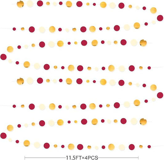 46 Ft Maroon Gold Party Decorations Burgundy Gold Beige Polka Dot Garland Hanging Paper Circle Dots Streamer for Maroon Garnet Graduation Birthday Anniversary Wedding Bridal Shower Party Supplies