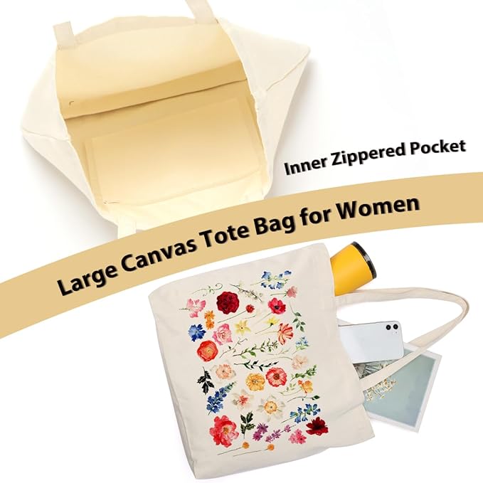 Aesthetic Floral Canvas Tote Bag for Women with Pocket, Tote Bags for Grocery Shopping Work Gym Christmas Birthday
