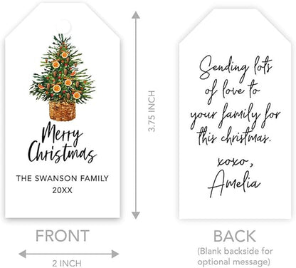 Andaz Press Personalized Christmas Holiday Season Classic Gift Tags, Merry Christmas Custom Family Name and Year, Citrus Christmas Tree Design, for Holiday Events, Parties, and Favors, 60-Pack