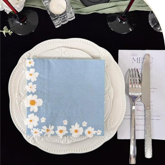 100 Pack Floral Paper Napkins, Blue-White Flowers Cocktail Napkins Tea Party Decorations, 4-Ply Guest Napkins Disposable for Wedding Birthday Baby Shower Bar Hotel Restaurant Folded 6.5 x 6.5 Inches