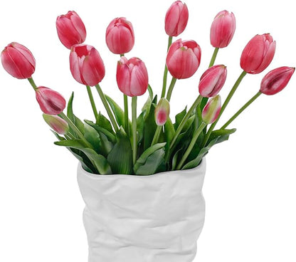 15 Pcs Deep Pink Artificial Flowers Tulips Real Touch Latex Plastic Soft Faux Bouquets for Party, Wedding, Home, Room, Garden Decor