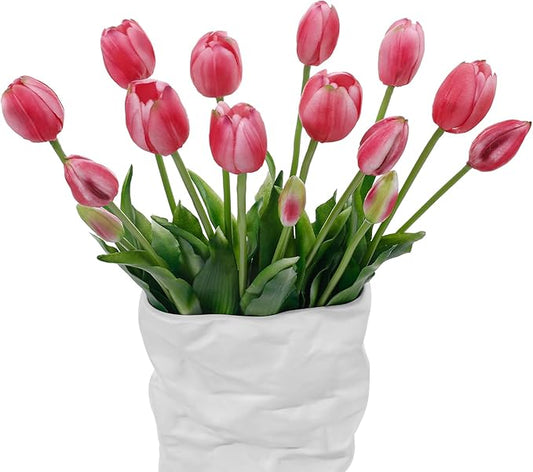 15 Pcs Deep Pink Artificial Flowers Tulips Real Touch Latex Plastic Soft Faux Bouquets for Party, Wedding, Home, Room, Garden Decor
