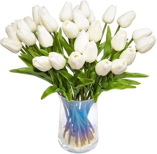 Artificial Tulips Flowers Real Touch Tulips Holland PU Bouquet Latex Flower White for Wedding Party Office Home Kitchen Decoration 30pcs (White)