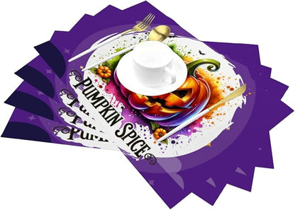 PVC Placemats Set of 6 Wipeable Table Mats Washable Heat Resistant Non Slip Vinyl Dining Table Mat for Kitchen Indoor Outdoor Patio Farmhouse Place Mats Funny Purple Halloween Pumpkin Decorative