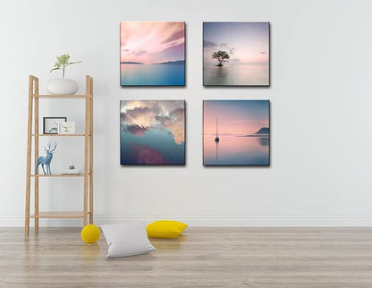 dgbtcart Romantic Sunset Beach Canvas Wall Art - Ocean Pictures Prints Colorful Seascape Painting Artwork for Bedroon Living Room, Bathroom - Office Kitchen Wall Decor 12"x 12" x 4 Panels