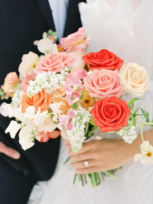 MACTING 30PCS Artificial Rose Flowers Real Touch Fake Flowers with Stem Foam Roses for DIY Wedding Bouquet Table Centerpieces Party Baby Shower Home Party Spring Valentines Day Decor(Mix Coral Series)