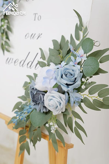 Wedding Welcome Signs Floral(Pack of 2)，Wedding Arch Flowers for Wedding Decorations and Reception Backdrop Decoration（New Blue）