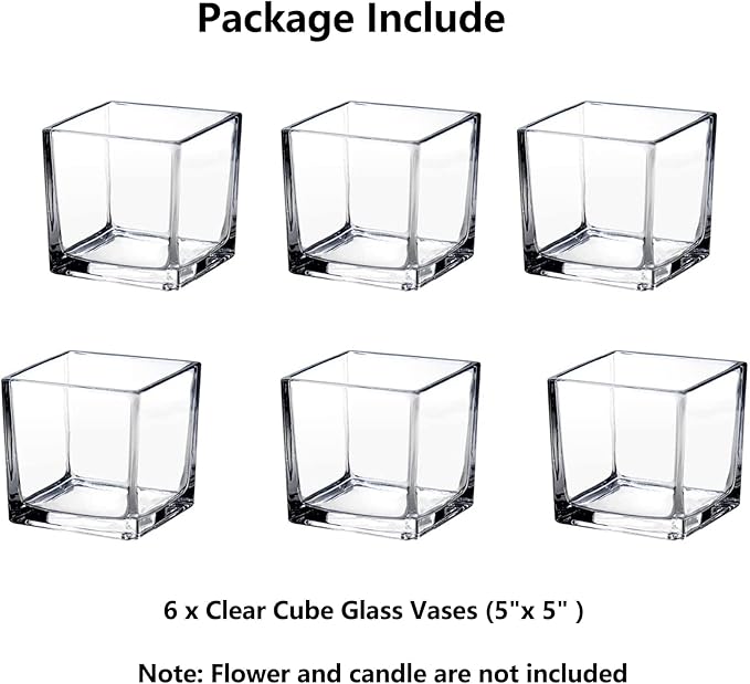 Square Glass Vases Set of 6 – Hewory 5"x5" Clear Cube Flower Vase Candle Holders for Wedding Centerpieces Home Decor Events Party Ceremony (Not Include Flower and Candle)