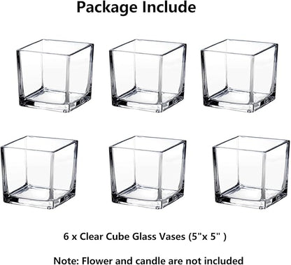 Square Glass Vases Set of 6 – Hewory 5"x5" Clear Cube Flower Vase Candle Holders for Wedding Centerpieces Home Decor Events Party Ceremony (Not Include Flower and Candle)