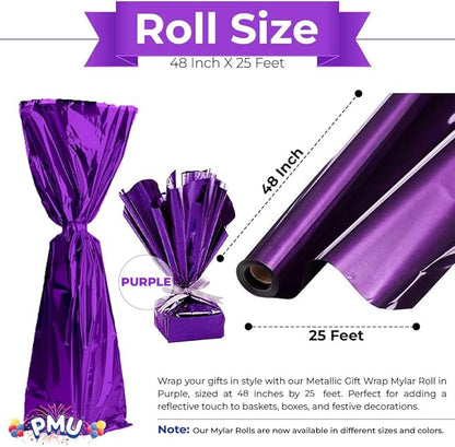 PMU Gift Wrap Mylar Roll Metallic Purple 2-sided, 48 Inches X 25 Ft Roll 1.4 Mil Highly Reflective Mylar Film, Great for Gifts, Birthdays, Christmas, Baskets, Arts & Crafts