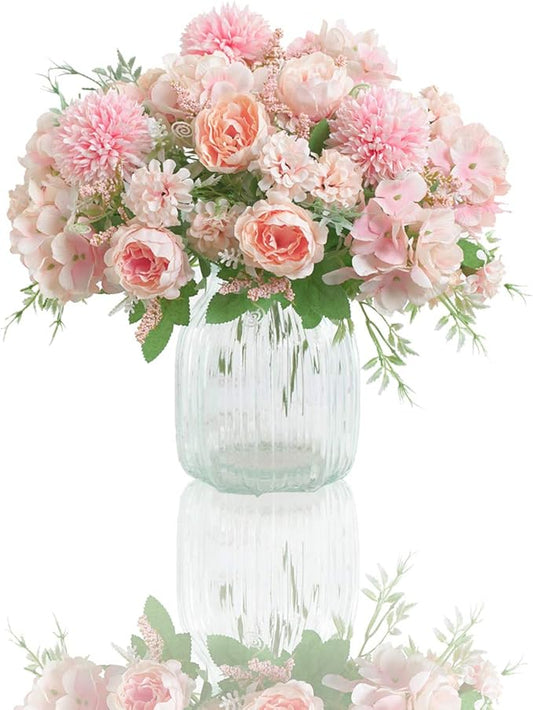 Artificial Flowers, 2 Pack Fake Peony Silk Hydrangea Bouquet Decor Plastic Carnations Daisy Realistic Flower Arrangements Wedding Decoration Table Centerpieces,for Home Office Party Decor (Pink)
