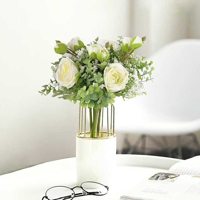 DEEMEI Artificial Babys Breath Flowers Silk White Peony Roses Eucalyptus Leaves Wedding Bridal Bouquets for Table Centerpieces (2 Bundles)