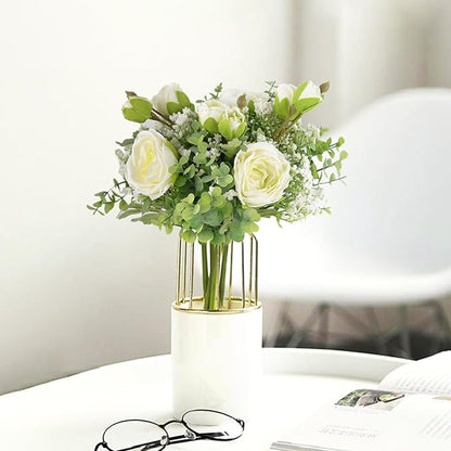 DEEMEI Artificial Babys Breath Flowers Silk White Peony Roses Eucalyptus Leaves Wedding Bridal Bouquets for Table Centerpieces (2 Bundles)