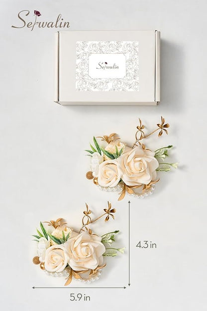 Serwalin 2 Pcs Champagne Wrist Corsage for Wedding, Corsages Wristlet for Bridesmaid Mother Grandmother, Artificial Flowers for Prom Ceremony Anniversary