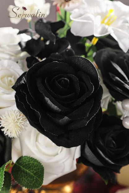 Serwalin Black Artificial Flowers and White Deluxe Combo Box Set, Daisy Fake Flower for DIY Wedding Bridal Bouquet, Centerpieces Decor, Floral Arrangement Decor, etc.