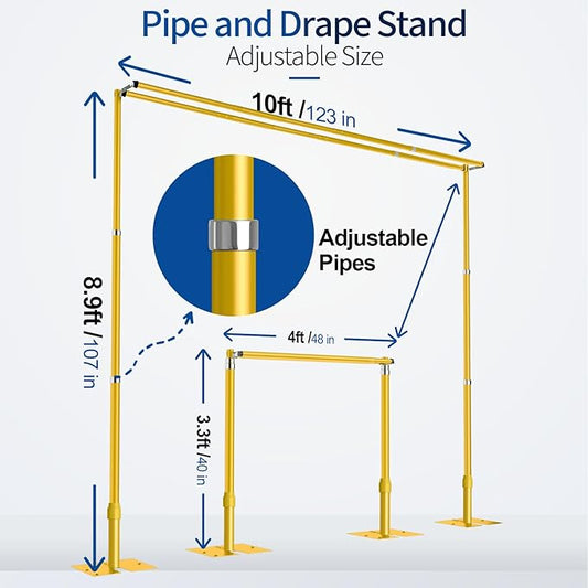 8.9x10ft Pipe and Drape Backdrop Stand, Double Crossbar, Heavy Duty Adjustable Background Frame with Metal Base for Parties Photography Wedding Photoshoot Decoration - Gold