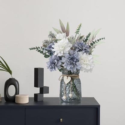 Fake Flowers in Vase,8 Dahlias,Silk Artificial Flowers in Vase,Centerpiece Table Decorations,Faux Flowers in Vase with a Flower Arrangement Holder