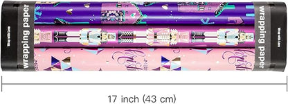 WRAPAHOLIC Christmas Wrapping Paper Roll - Mini Roll - 3 Rolls - 17 Inch X 120 Inch Per Roll - Pink and Purple Nutcracker, House Holiday Collection with Metallic Foil Shine