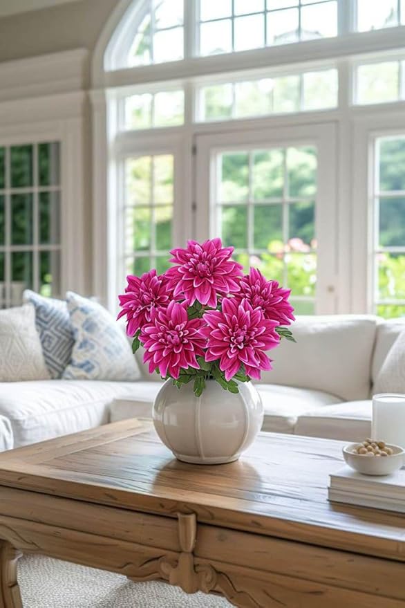 Hollyone 2Pcs Purple-Pink Artificial Dahlia Flowers with Stem Bushes 7 Heads Silk Fake Dahlias Flowers Wedding Bouquets Faux Dahlia Flower Floral Arrangements for Party Table Centerpieces Home Decor