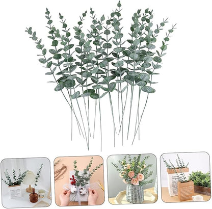 DOITOOL 24pcs Simulated Eucalyptus Leaf Bundle Fake Plant Ornament for DIY Floral Arrangement Realistic Greenery Decoration for Home Office Wedding Centerpieces