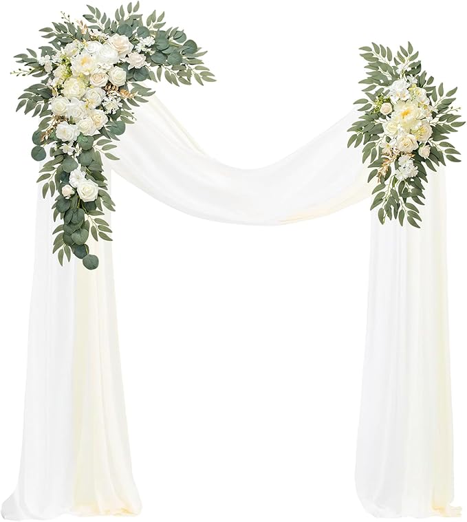 Wedding Arch, Artificial Flowers, Wedding Decor with Drapes (Set of 4)，Be Suited to Banquet, Party, Wedding Decor Ceremony and Background Decoration (White)