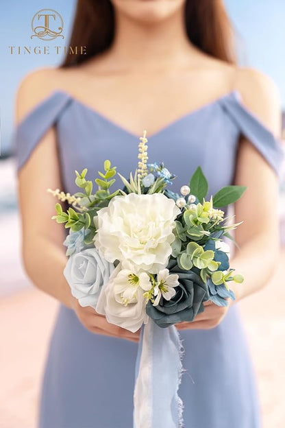TINGE TIME 7 Inch Artificial Flowers Wedding Bouquets for Bridesmaid, Set of 4, Dusty Blue Bride Tossing Bouquet for Rustic Wedding Ceremony Bridal Shower Rehearsal Dinner Vintage Party