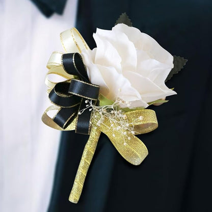 Aimto Ivory Rose Rose&Black Wrist Corsage and Boutonniere Set for Ivory Rose Wedding Flower Accessories Prom Suits (3pairs Ivory Rose Set)