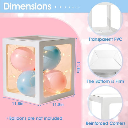 Ledido Baby Boxes with Letters for Baby Shower Decoration, 4 pcs Clear Baby Balloon Boxes Blocks with LED Fairy String Lights 38 Balloons for Boy Girl Gender Reveal Birthday Party (White)