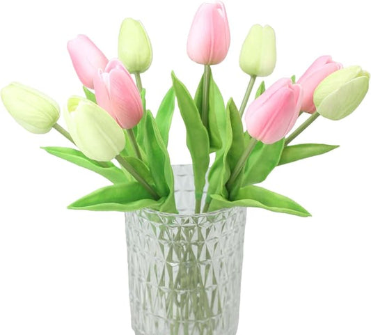Artificial Flowers 10 Heads Mini Real Touch Artificial Tulip for Home Wedding Party Centerpiece Decoration (Green&Pink)