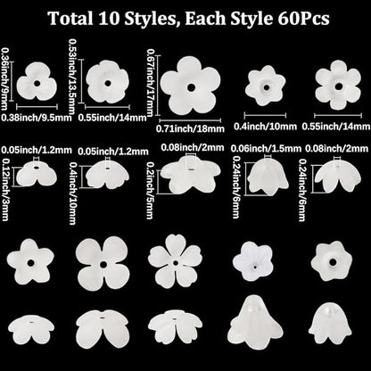SUNNYCLUE 1 Box 600Pcs 10 Styles Acrylic Flower Beads White Lily Flower Beads Frosted Plastic Trumpet Bell Floral Spacer End Caps for Jewelry Making DIY Craft Bracelets Earrings Necklaces Decorations