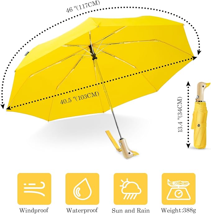 Cute Duck Umbrella Automatic - Compact Pretty Pocket Size Strong Duck Collapsible Umbrella Yellow Wooden Handle for Women
