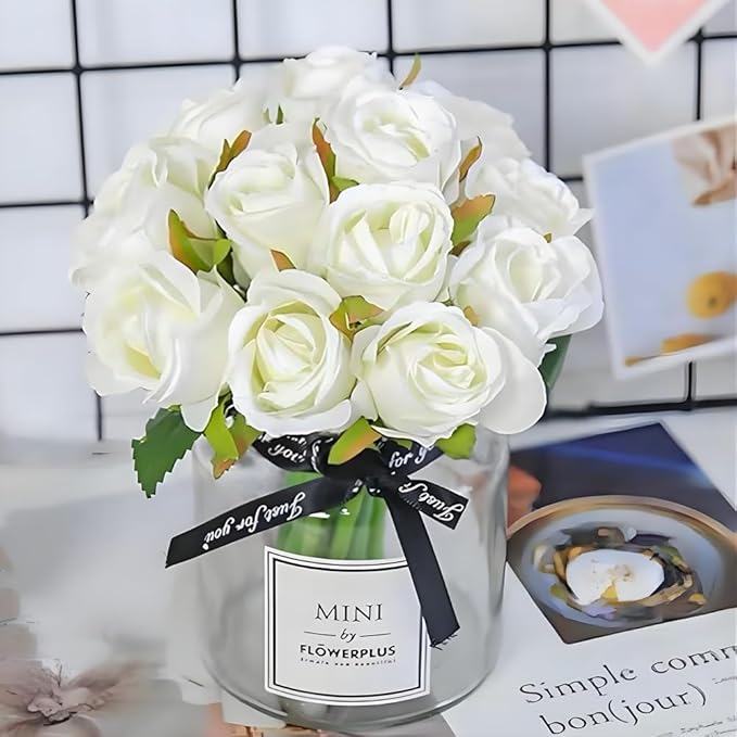 Jasion Artificial Roses Flowers Silk 12pcs DIY Bouquet for Home Office Parties Table Centerpieces Bridal Wedding Decoration Without Vase (Spring White)