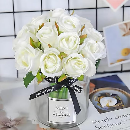 Jasion Artificial Roses Flowers Silk 12pcs DIY Bouquet for Home Office Parties Table Centerpieces Bridal Wedding Decoration Without Vase (Spring White)