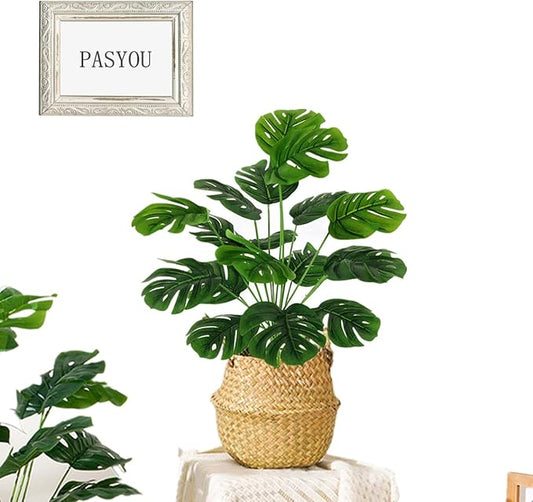 Artificial Monstera Plants, Fake Tropical Turtle Leaf Greenery Shrubs Decor Plant Faux Palm Tree Leaves Stems for Outdoor Indoor Decor Home Garden Party Wedding Bedroom Room Office Decoration 1 Pack