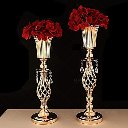 2 Pcs Elegant Metal Gold Floral Vase, Beaded Crystal Gold Trumpet Crown Vase, Perfect for Wedding Banquets, Birthdays, Anniversaries, Holiday Parties and Other Important Event Centerpieces(23.2")