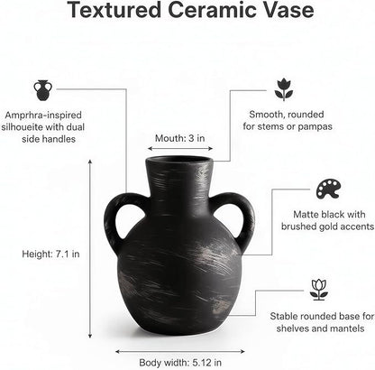 7.1-Inch Black Ceramic Flower Vase with Handles, Rustic Farmhouse Boho Pottery Decor for Table, Living Room & Shelf