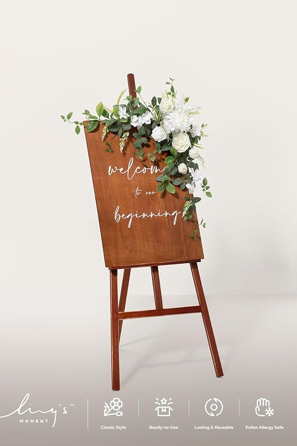 Ling's moment Wedding Artificial Welcome Sign Flowers Swag Arch Floral Garland Decorations Lily White Ceremony Reception Entrance Entryway Party Banquets Easel Wall Home Outdoor(NOT Include Sign