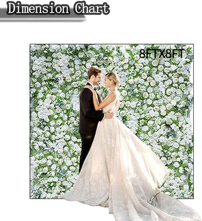 8x8ft(2 pcs of 4ftx8ft) Artificial Silk Fabric Flower Wall Cloth-Based Background 5D White Rose Fabric Rolling Up Floral Backdrop for Wedding Baby Shower Party and Home Decor
