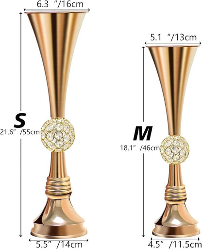 VIJIV 22" Gold Luxury Flower Vase for Wedding Centerpieces - Crystal-Embedded Tall Geometric Metal Vase for Feather, Rust-Resistant Table Decor for Gatsby Party/Reception/Hotel Floral Arrangements