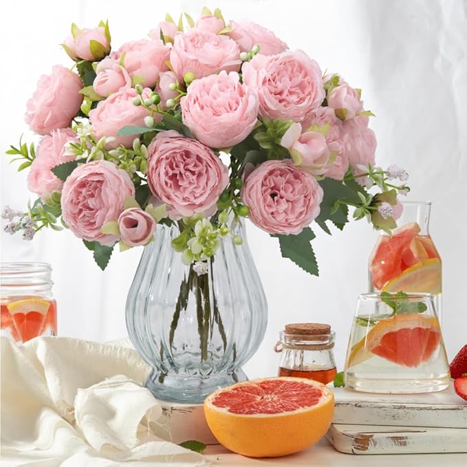 Artificial Peonies Silk Flowers in Glass Vase Faux Flowers Bouquets Modern Penoy Arrangement 4 Pack for Home Decoration Table Centerpiece (Pink)