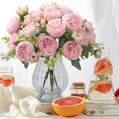 Artificial Peonies Silk Flowers in Glass Vase Faux Flowers Bouquets Modern Penoy Arrangement 4 Pack for Home Decoration Table Centerpiece (Pink)