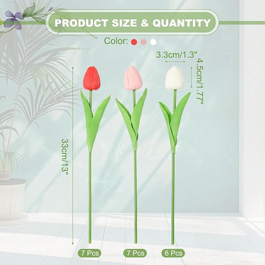 uxcell 20pcs Tulips Artificial Flowers, Faux Flowers Silk Fake Tulip Stems Real Touch for Wedding Bouquet Centerpiece Table Party Decoration(Dark Red, Candy Pink, Pure White)