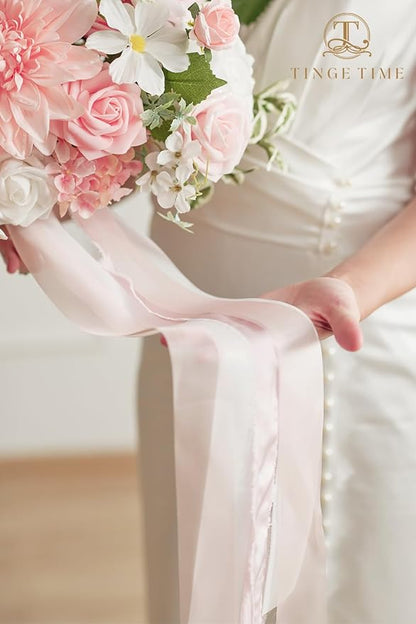 TINGE TIME 11 Inch Wedding Bouquets for Bride, PeachPink&White Artificial Flowers Bouquet, Brides & Bridesmaids Bouquet for Wedding Anniversary Ceremony Bridal Shower Decorations