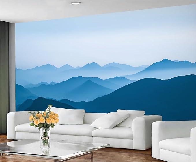 Minimalist Blues Mountain Wall Mural, Misty Layered Hills 3D Wall Murals, Serene Misty Mountains Wallpaper Mural, for Living Room Bedroom Large Wallpaper Indoor Decor 98.4" W x68.9 H
