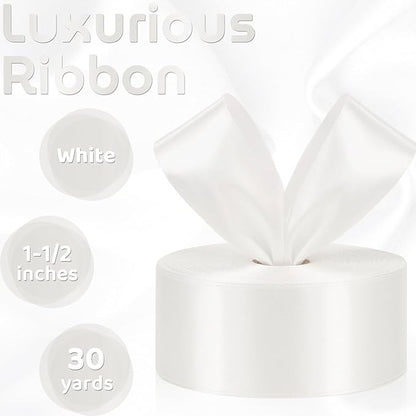 White Ribbon 1-1/2 Inch 30 Yards Solid Color Satin Ribbon for Flower Bouquet, Fabric Ribbon for Gift Wrapping Crafts Hair Bows Making Sewing Wedding Christmas