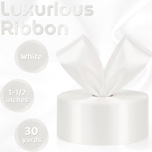 White Ribbon 1-1/2 Inch 30 Yards Solid Color Satin Ribbon for Flower Bouquet, Fabric Ribbon for Gift Wrapping Crafts Hair Bows Making Sewing Wedding Christmas
