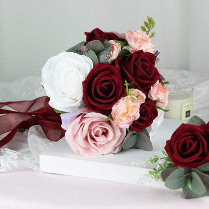 Rinlong 7" Wedding Bouquet for Bride Bridal Bridesmaid Vintage Artificial Flowers Burgundy Silk Bouquet Wedding